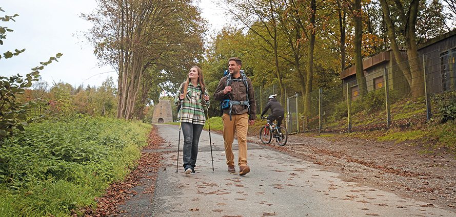 Wanderpaar auf einem Waldweg im Teutoburger Wald im Herbst
